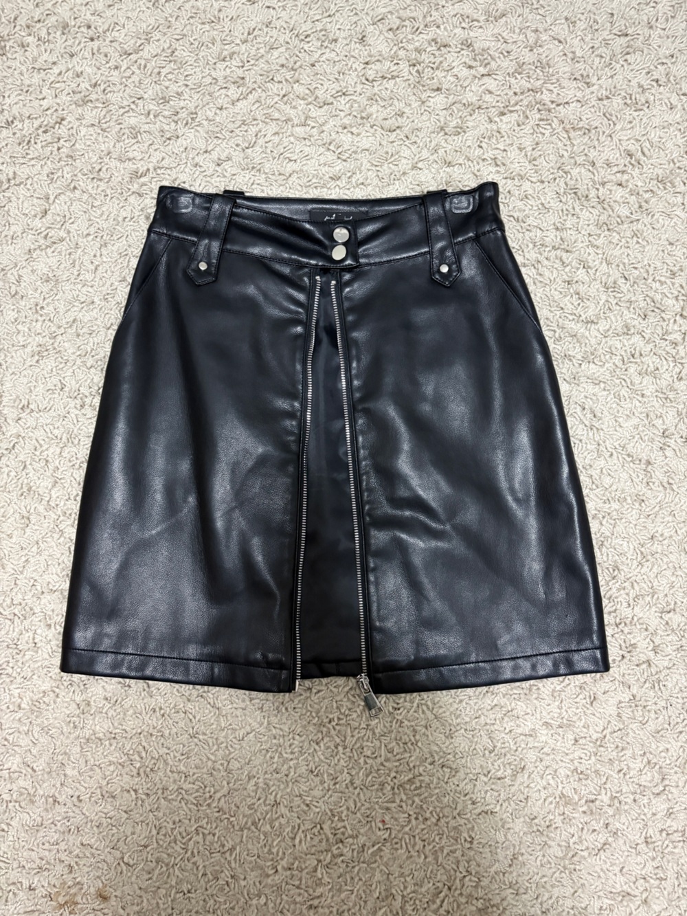 7 For All Mankind Black Faux Leather Front-Zip Mini Skirt